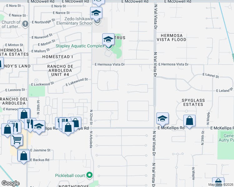 map of restaurants, bars, coffee shops, grocery stores, and more near 2251 North 32nd Street in Mesa