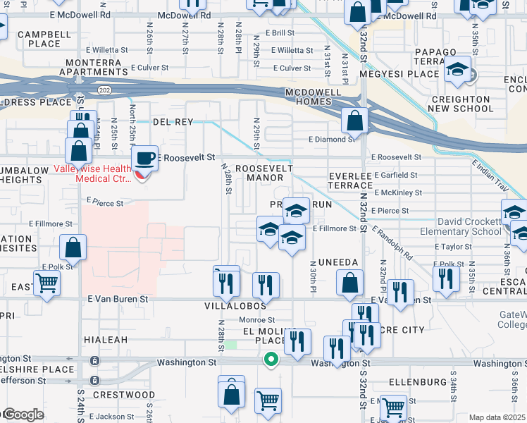 map of restaurants, bars, coffee shops, grocery stores, and more near 2902 East Fillmore Street in Phoenix