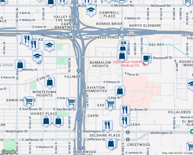 map of restaurants, bars, coffee shops, grocery stores, and more near 2145 East Pierce Street in Phoenix