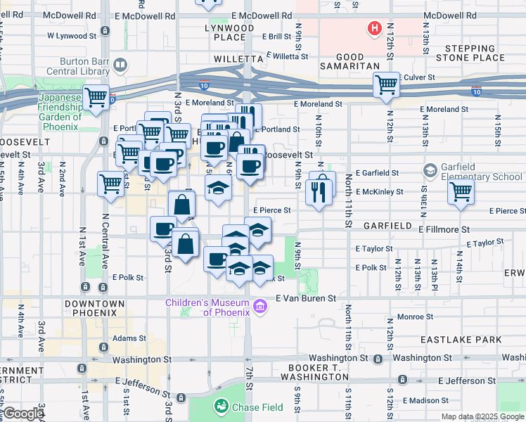 map of restaurants, bars, coffee shops, grocery stores, and more near 736 East Pierce Street in Phoenix