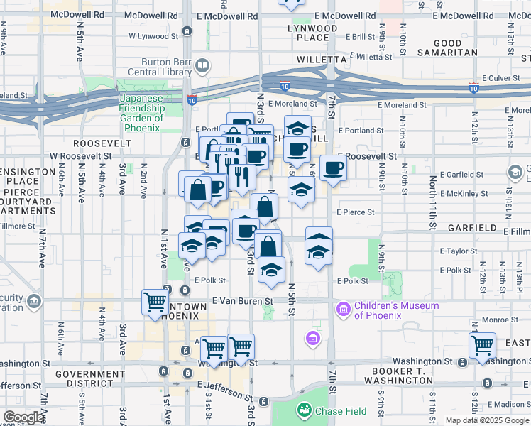 map of restaurants, bars, coffee shops, grocery stores, and more near 713 North 3rd Street in Phoenix