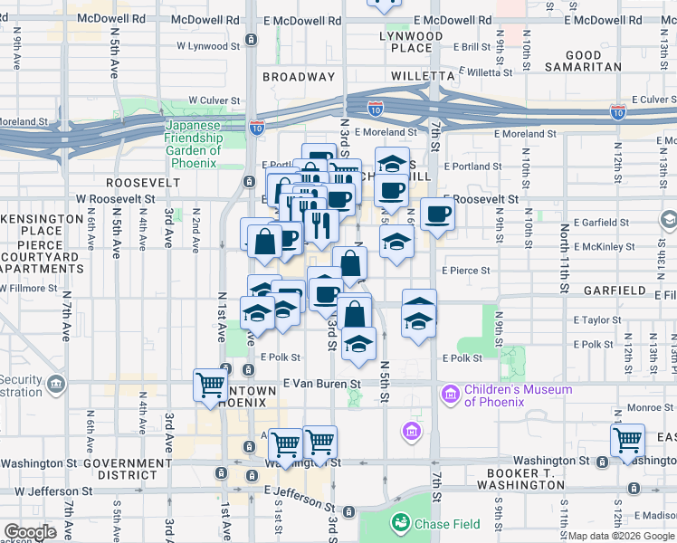 map of restaurants, bars, coffee shops, grocery stores, and more near 713 North 3rd Street in Phoenix