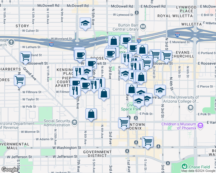 map of restaurants, bars, coffee shops, grocery stores, and more near 631 North 4th Avenue in Phoenix