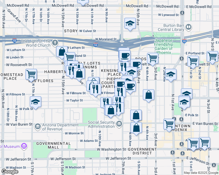map of restaurants, bars, coffee shops, grocery stores, and more near 743 West Pierce Street in Phoenix
