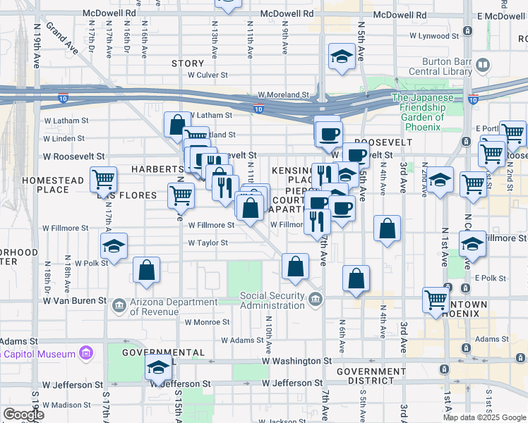 map of restaurants, bars, coffee shops, grocery stores, and more near 624 North 10th Avenue in Phoenix