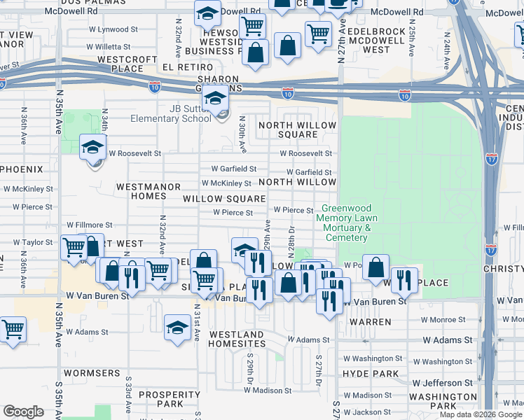 map of restaurants, bars, coffee shops, grocery stores, and more near 2901 West Villa Street in Phoenix