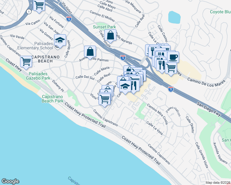 map of restaurants, bars, coffee shops, grocery stores, and more near 26925 Calle Dolores in Dana Point