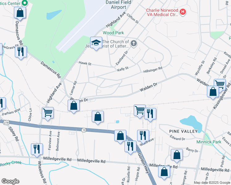 map of restaurants, bars, coffee shops, grocery stores, and more near 2117 Vandivere Road in Augusta