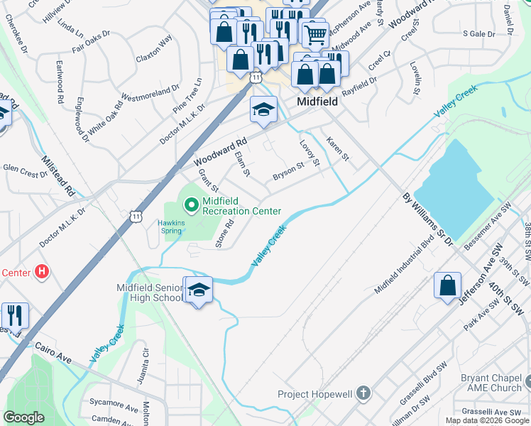map of restaurants, bars, coffee shops, grocery stores, and more near in Midfield