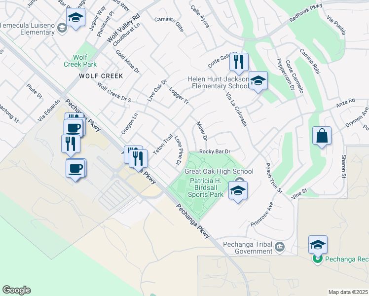 map of restaurants, bars, coffee shops, grocery stores, and more near 46292 Lone Pine Drive in Temecula
