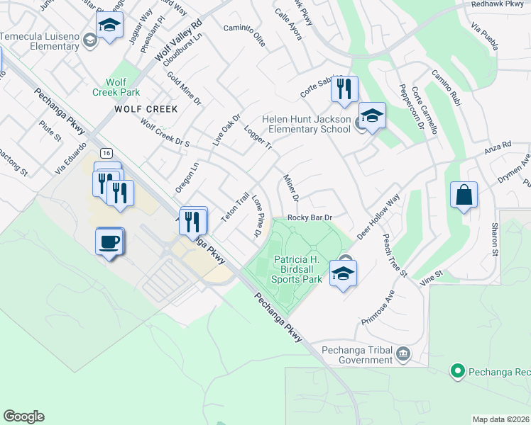 map of restaurants, bars, coffee shops, grocery stores, and more near 46292 Lone Pine Drive in Temecula