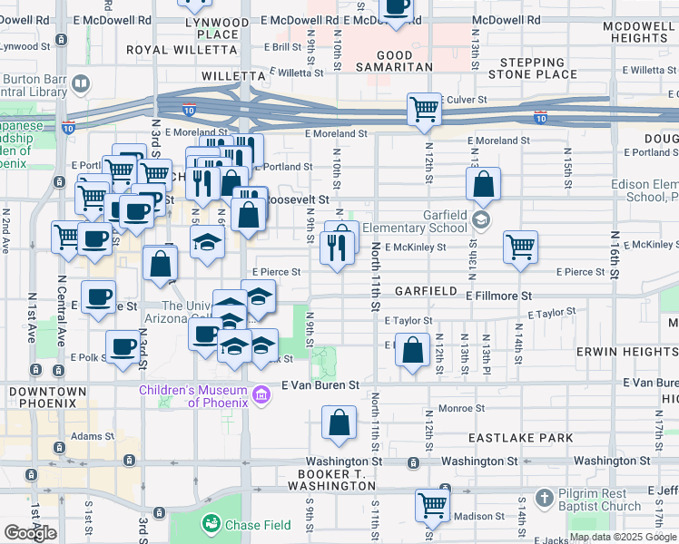 map of restaurants, bars, coffee shops, grocery stores, and more near 1000 East Pierce Street in Phoenix