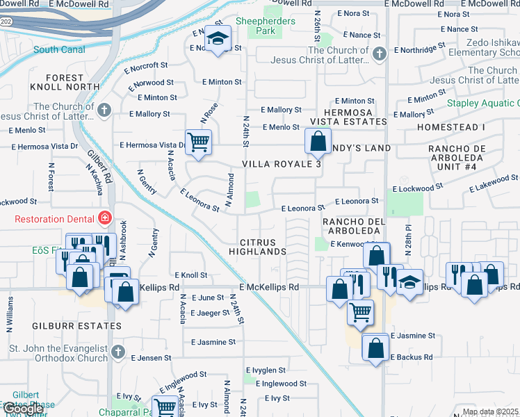 map of restaurants, bars, coffee shops, grocery stores, and more near 2432 East Leonora Street in Mesa