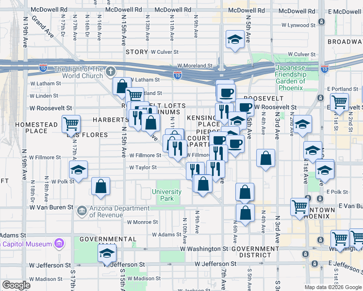 map of restaurants, bars, coffee shops, grocery stores, and more near 624 North 10th Avenue in Phoenix