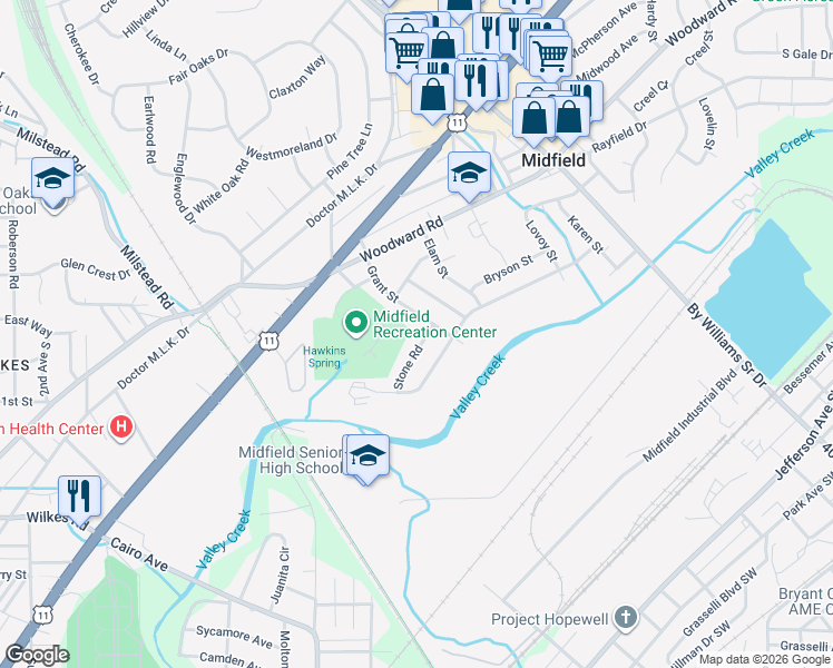 map of restaurants, bars, coffee shops, grocery stores, and more near 516 Grant Street in Birmingham