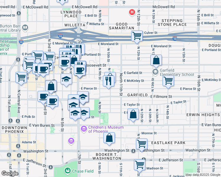 map of restaurants, bars, coffee shops, grocery stores, and more near 1000 East Pierce Street in Phoenix