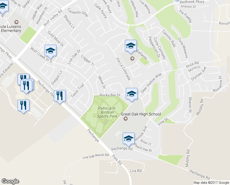map of restaurants, bars, coffee shops, grocery stores, and more near 46379 Canyon Crest Court in Temecula