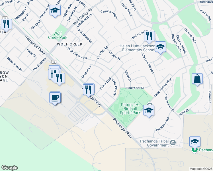 map of restaurants, bars, coffee shops, grocery stores, and more near 46306 Teton Trail in Temecula