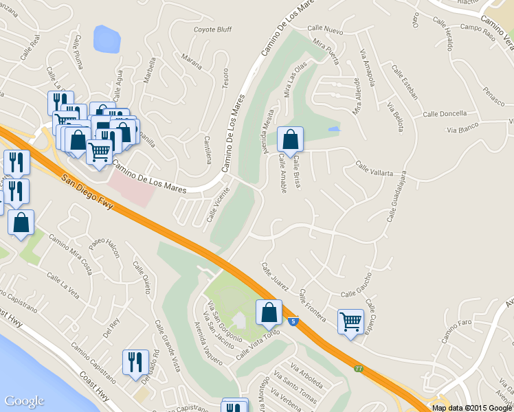 map of restaurants, bars, coffee shops, grocery stores, and more near 637 Avenida Vaquero in San Clemente