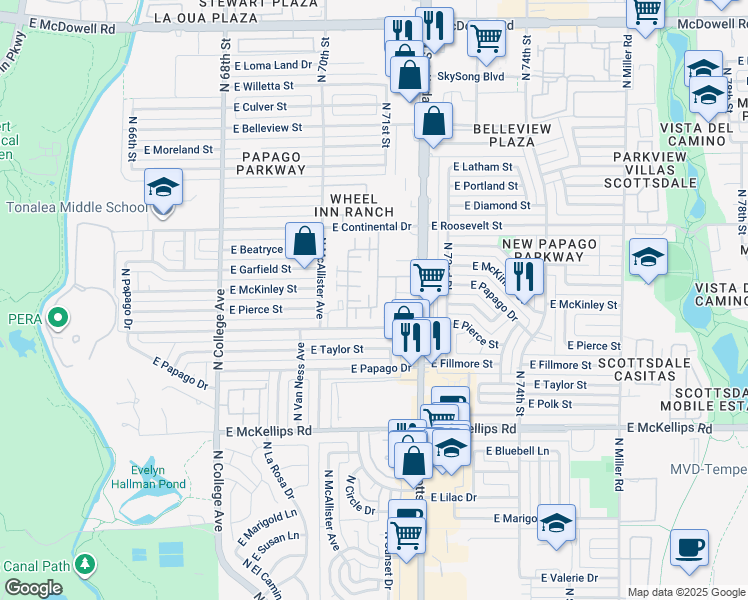 map of restaurants, bars, coffee shops, grocery stores, and more near 2516 North Saratoga Street in Tempe