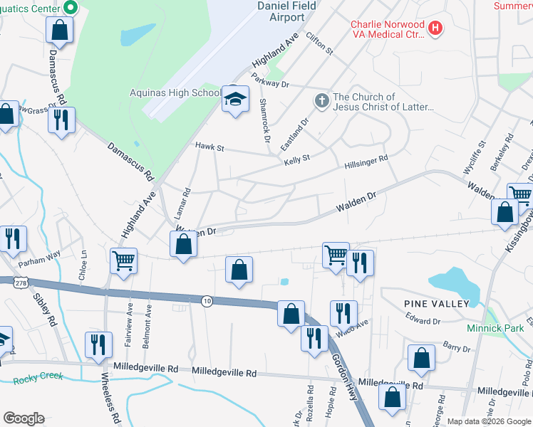 map of restaurants, bars, coffee shops, grocery stores, and more near 2121 Vandivere Road in Augusta
