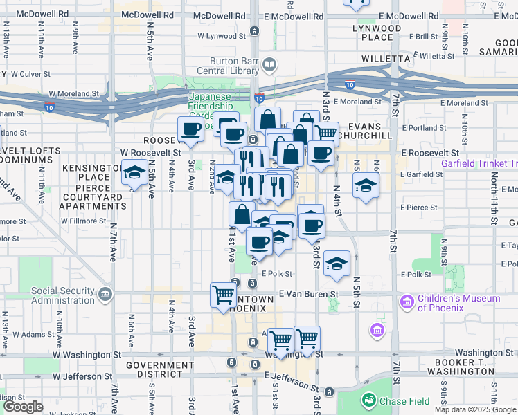 map of restaurants, bars, coffee shops, grocery stores, and more near 16 East Pierce Street in Phoenix