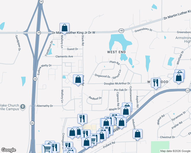 map of restaurants, bars, coffee shops, grocery stores, and more near 109-299 Dogwood Drive in Starkville