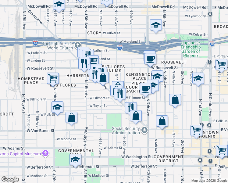 map of restaurants, bars, coffee shops, grocery stores, and more near 1114 Grand Avenue in Phoenix