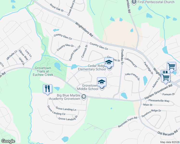 map of restaurants, bars, coffee shops, grocery stores, and more near 4001 Rosedale Place in Grovetown