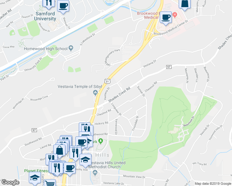 map of restaurants, bars, coffee shops, grocery stores, and more near 2112 Shades Crest Road in Vestavia Hills