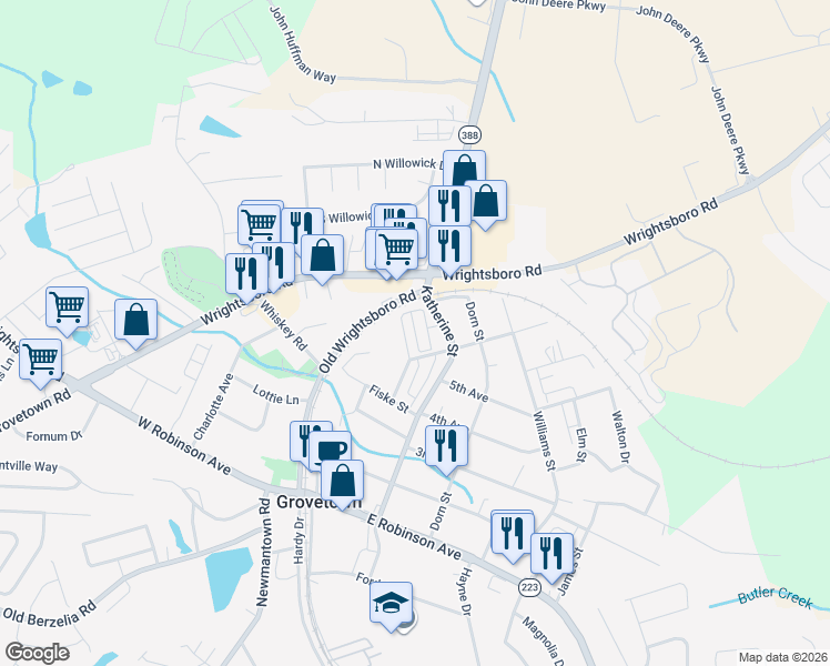 map of restaurants, bars, coffee shops, grocery stores, and more near 603 Katherine Street in Grovetown