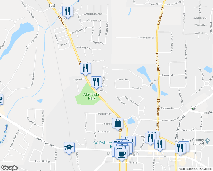 map of restaurants, bars, coffee shops, grocery stores, and more near 431 Falling Leaf Court in McDonough