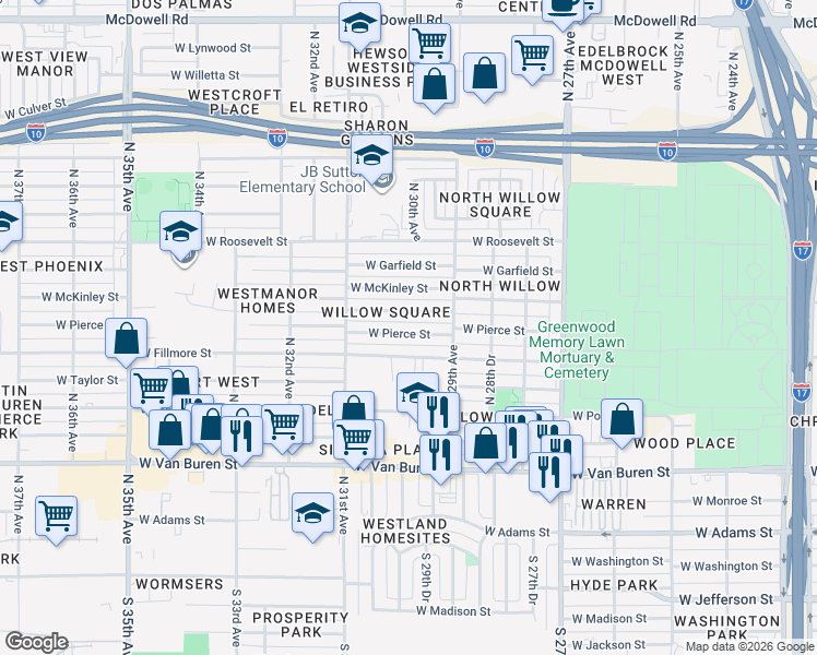 map of restaurants, bars, coffee shops, grocery stores, and more near 2940 West Pierce Street in Phoenix