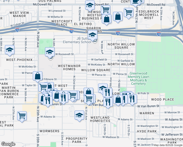 map of restaurants, bars, coffee shops, grocery stores, and more near 3032 West Pierce Street in Phoenix