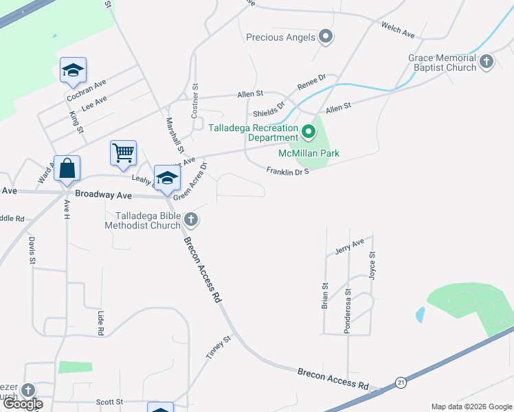 map of restaurants, bars, coffee shops, grocery stores, and more near 129 Woodland Drive in Talladega
