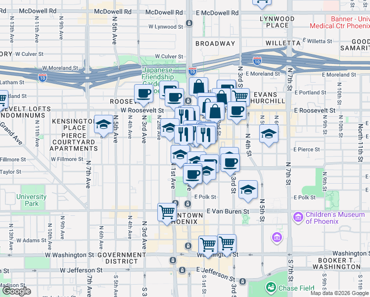 map of restaurants, bars, coffee shops, grocery stores, and more near 710 North Central Avenue in Phoenix