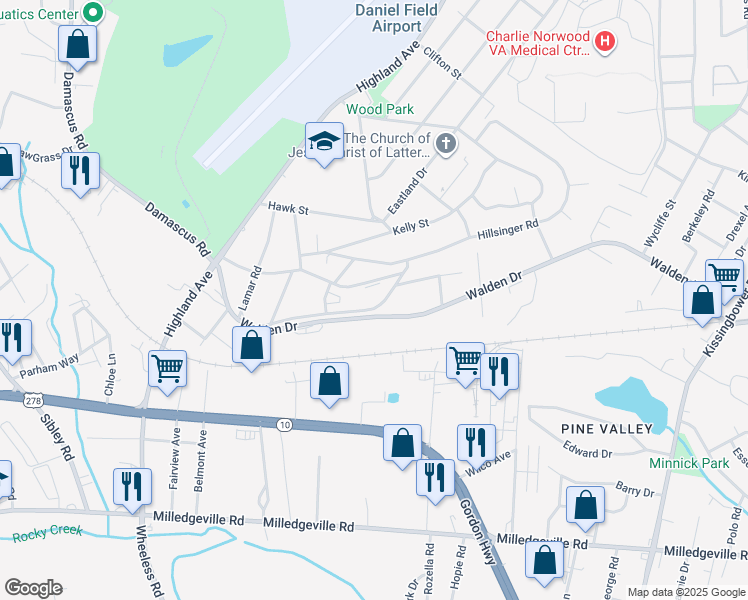 map of restaurants, bars, coffee shops, grocery stores, and more near 2117 Vandivere Rd in Augusta
