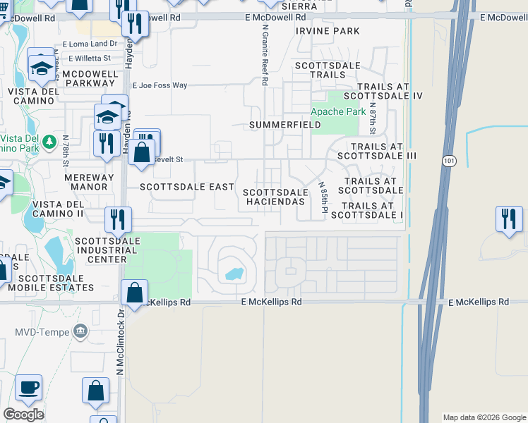 map of restaurants, bars, coffee shops, grocery stores, and more near 885 North Granite Reef Road in Scottsdale