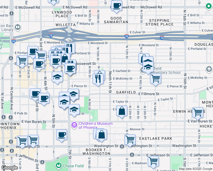 map of restaurants, bars, coffee shops, grocery stores, and more near 702 North 11th Street in Phoenix