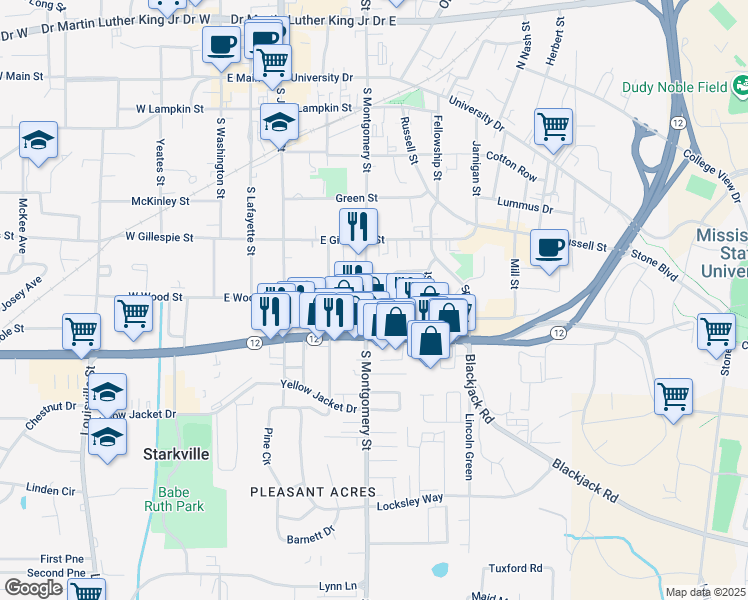 map of restaurants, bars, coffee shops, grocery stores, and more near 516 South Montgomery Street in Starkville