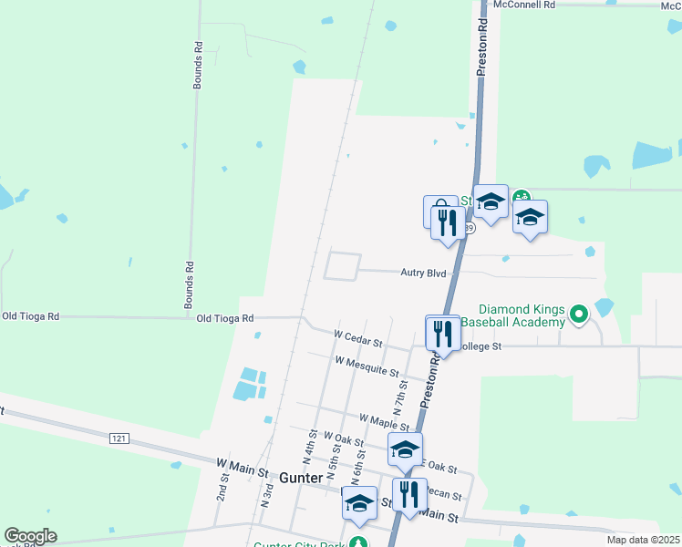 map of restaurants, bars, coffee shops, grocery stores, and more near 506 Harris Street in Gunter