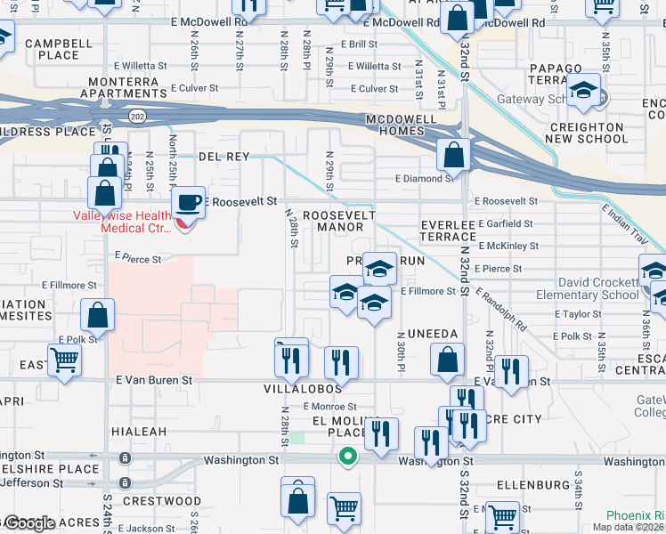 map of restaurants, bars, coffee shops, grocery stores, and more near 2902 East Fillmore Street in Phoenix