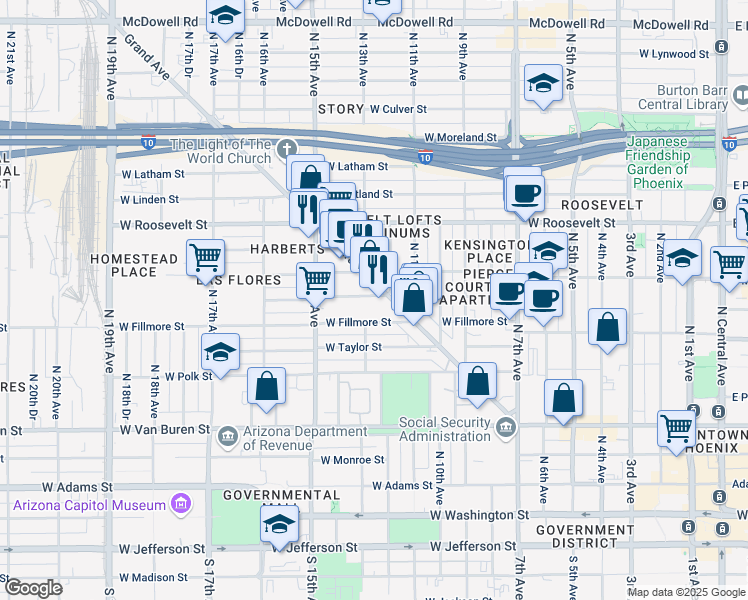 map of restaurants, bars, coffee shops, grocery stores, and more near 1213w West Pierce Street in Phoenix