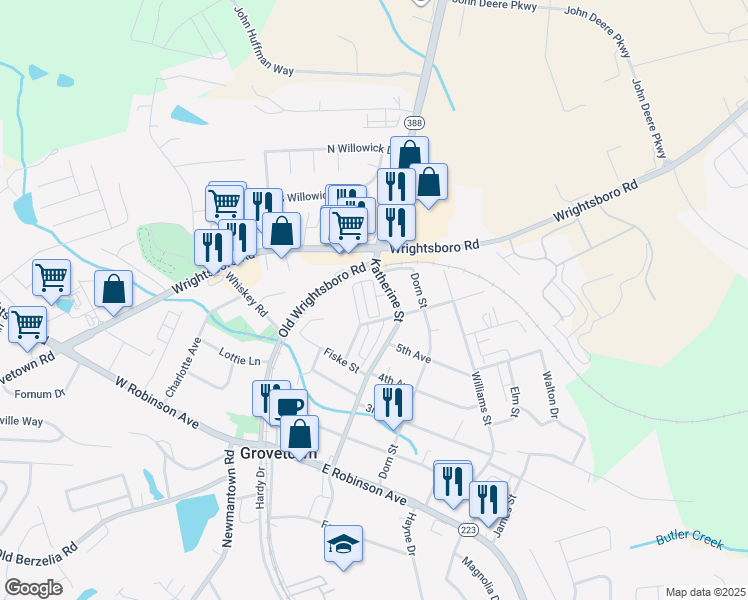map of restaurants, bars, coffee shops, grocery stores, and more near 603 Katherine Street in Grovetown