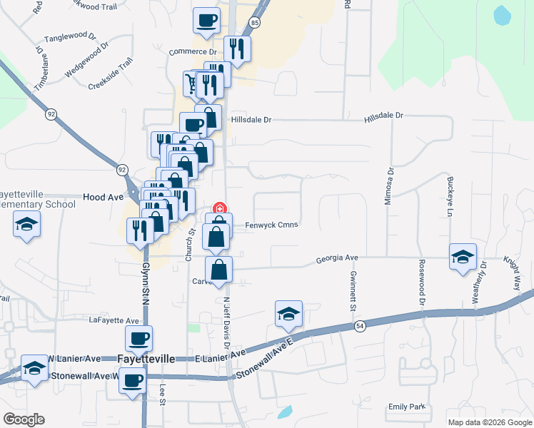 map of restaurants, bars, coffee shops, grocery stores, and more near 105 Brittany Chase in Fayetteville