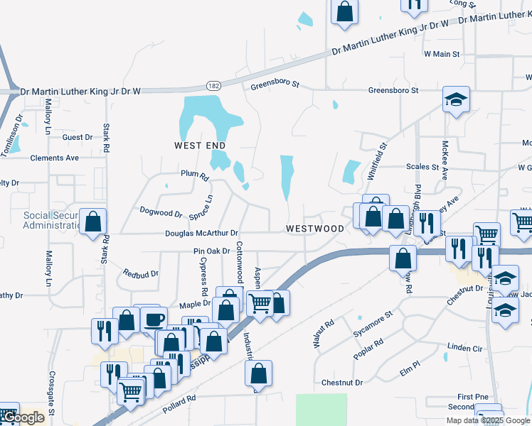 map of restaurants, bars, coffee shops, grocery stores, and more near 2107 Plum Road in Starkville