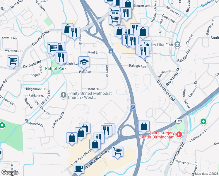map of restaurants, bars, coffee shops, grocery stores, and more near 833 Grove Street in Birmingham
