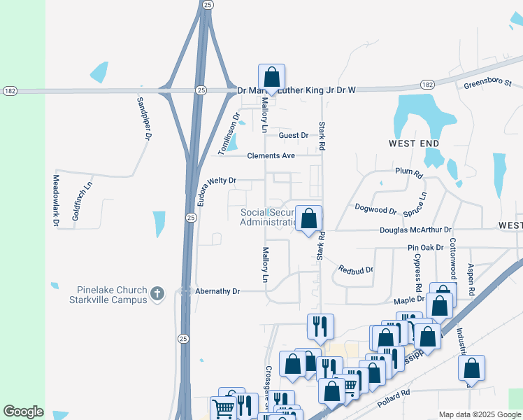 map of restaurants, bars, coffee shops, grocery stores, and more near 421 Mallory Lane in Starkville