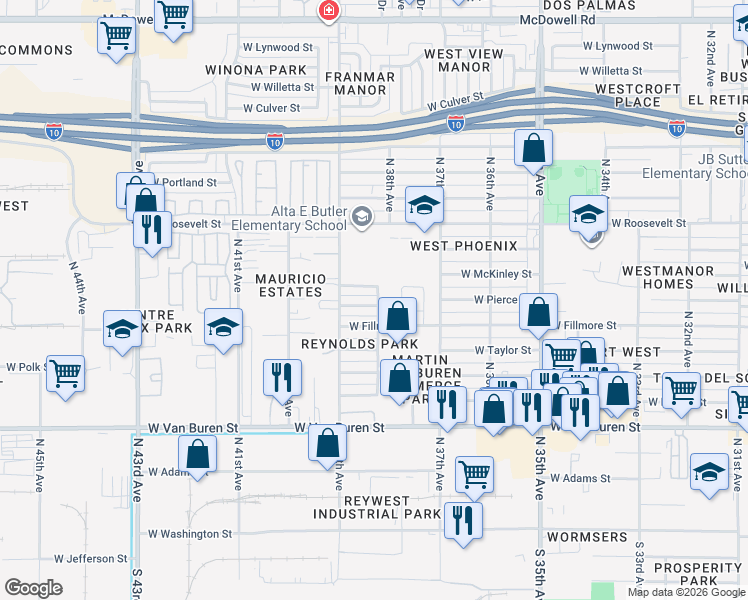 map of restaurants, bars, coffee shops, grocery stores, and more near 3800 West Pierce Street in Phoenix