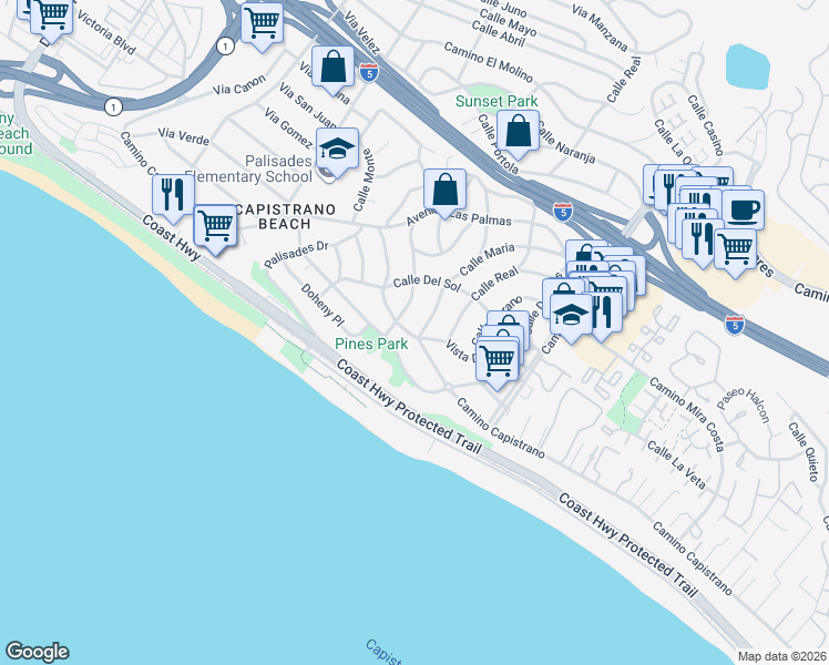 map of restaurants, bars, coffee shops, grocery stores, and more near in Dana Point